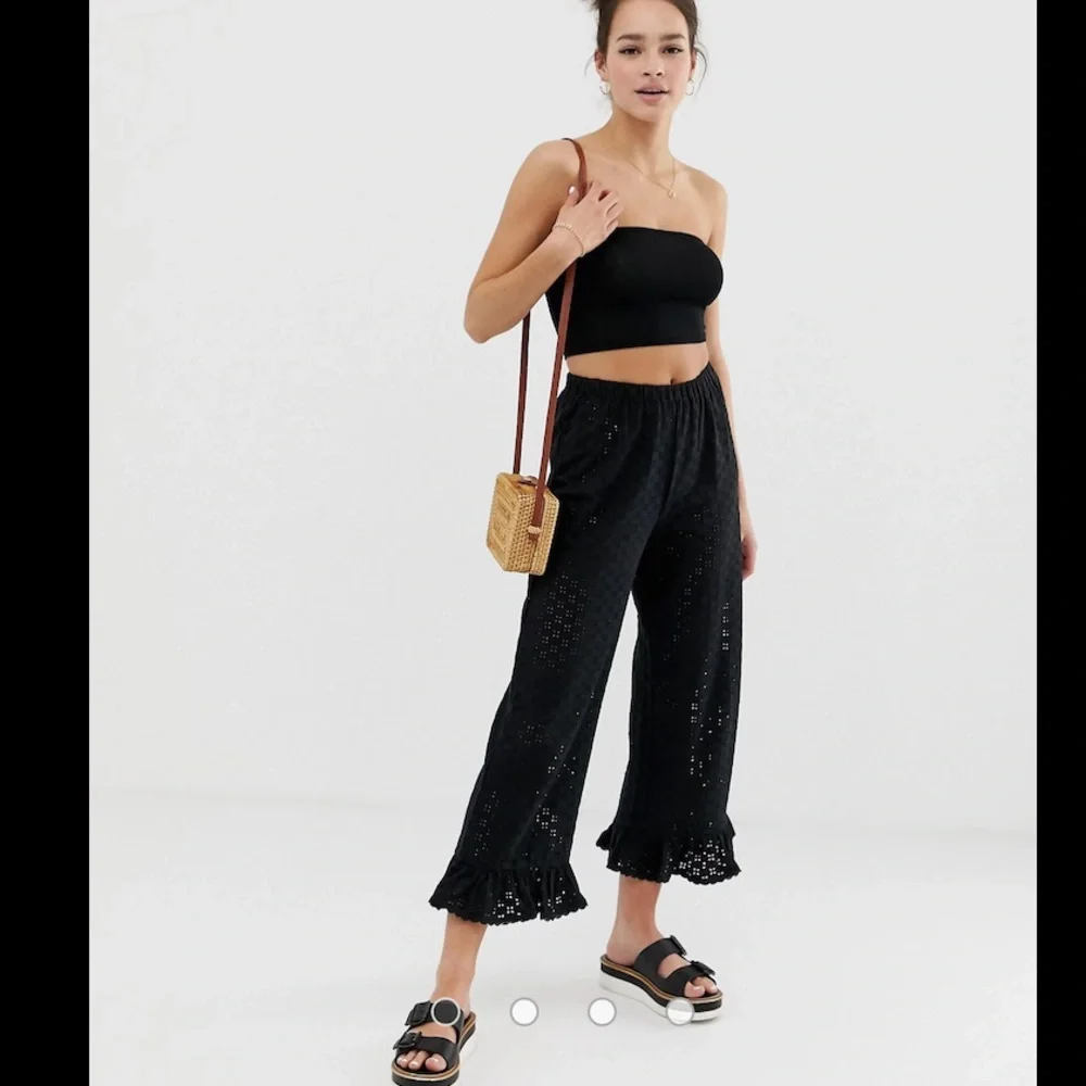 ASOS DESIGN Broderie Pants with Ruffle Hem and Trim in Black 8 Tall